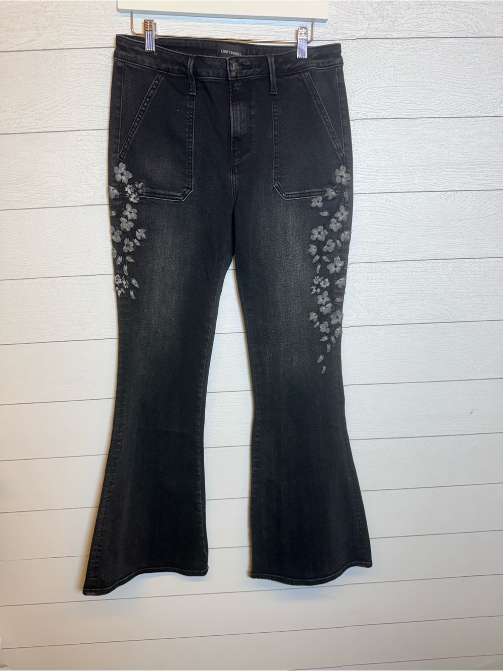 DRIFTWOOD Black Floral Embroidered Flare Jeans Size 30